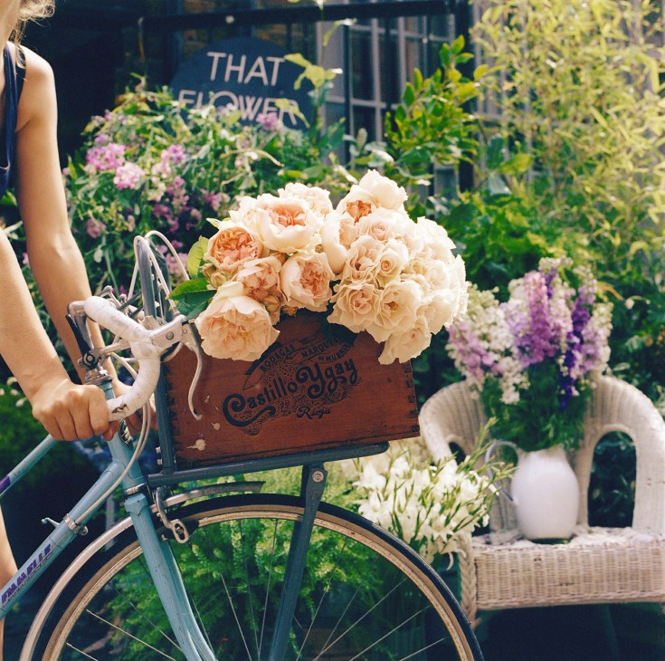 Peach and cream roses in a vintage wooden box attached to a bicycle outside That Flower Shop storefront.
