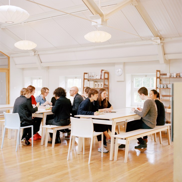 Employees gathered around wooden tables in a bright, minimalist office space with skylights and pendant lights.
