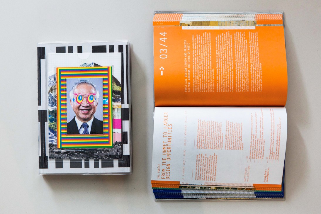 Orange Creativities Unfold catalogue with colorful portrait design on cover next to white publication