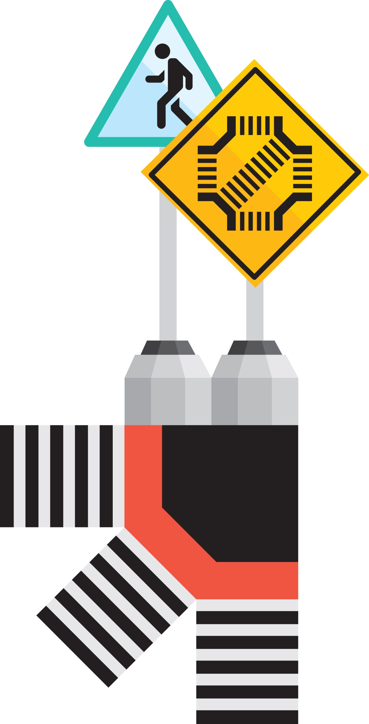 Illustration of traffic signs and pedestrian crossing symbols representing urban design concepts.