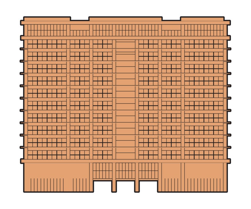 Architectural illustration of a multi-story brick building with gridded windows and ground-level storefronts.