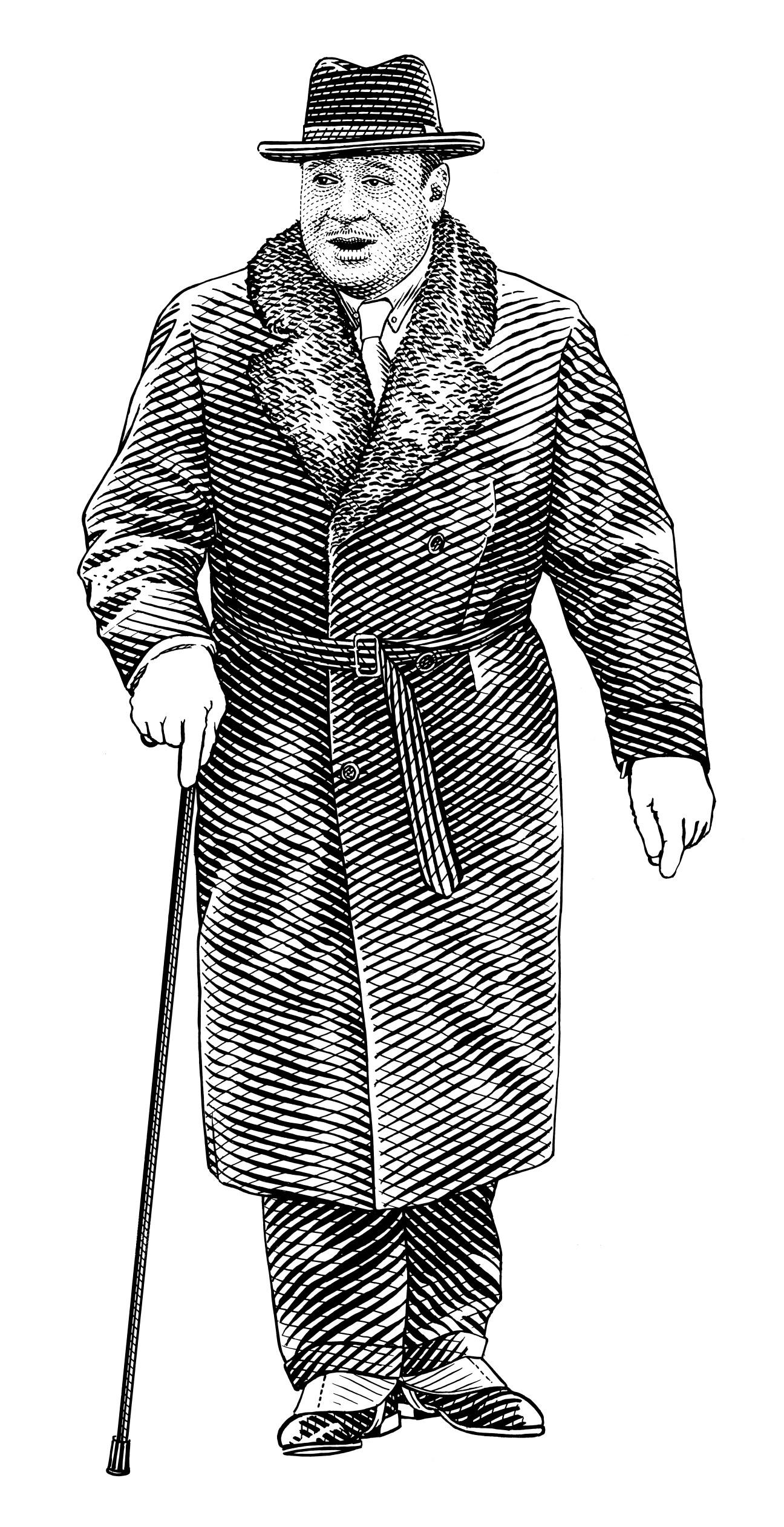 Illustration of King George Tupou V wearing a striped coat, formal hat, and holding a cane.