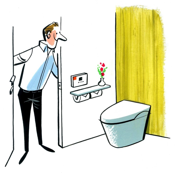 Illustration of a man in business attire standing beside a high-tech toilet with a Washlet seat in a hotel bathroom.