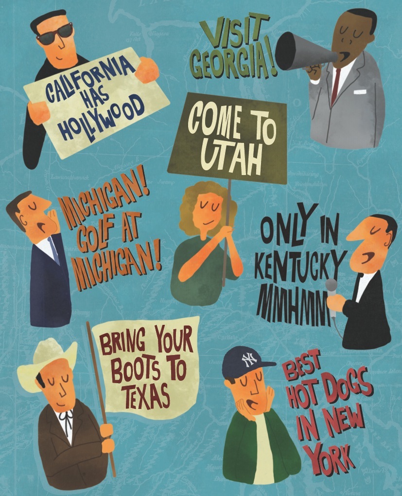 Illustration of people holding signs promoting various US states as tourism destinations.
