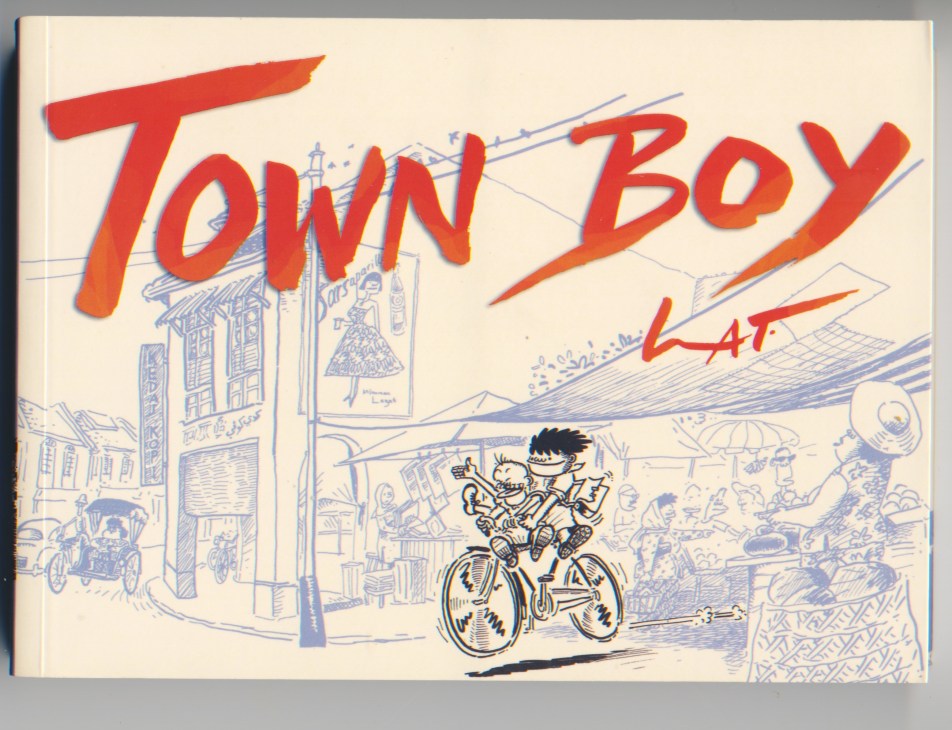 Town Boy book cover by Lat featuring cartoon character Mat on bicycle in urban setting with red title text.