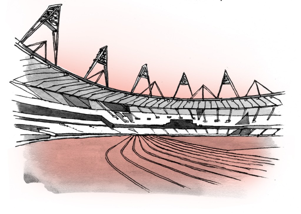 Architectural sketch of London Olympic Stadium showing the track and structural design