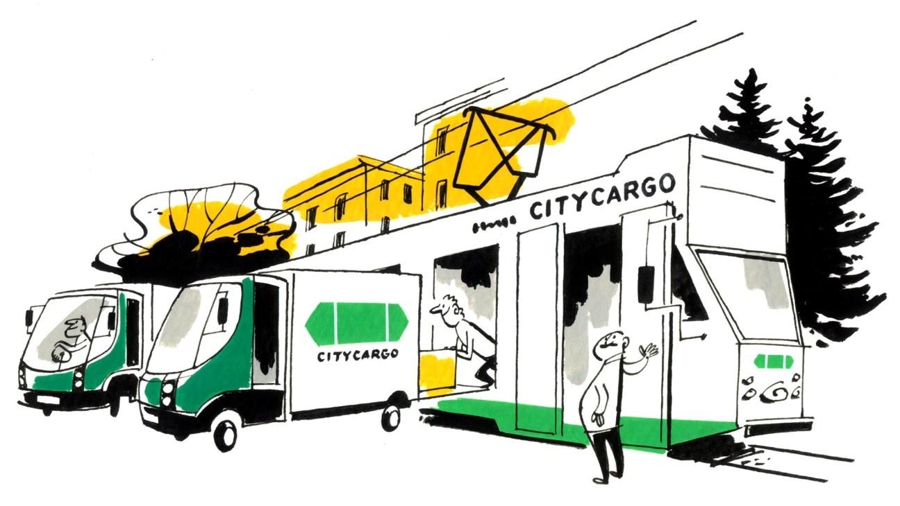 Illustrated diagram showing CityCargo system with tram delivering goods to electric vans for urban delivery.