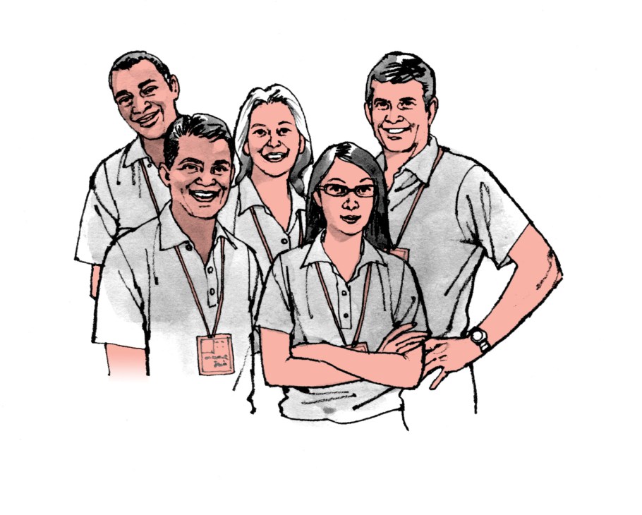 Illustration of five smiling people wearing light-colored uniforms with ID badges.