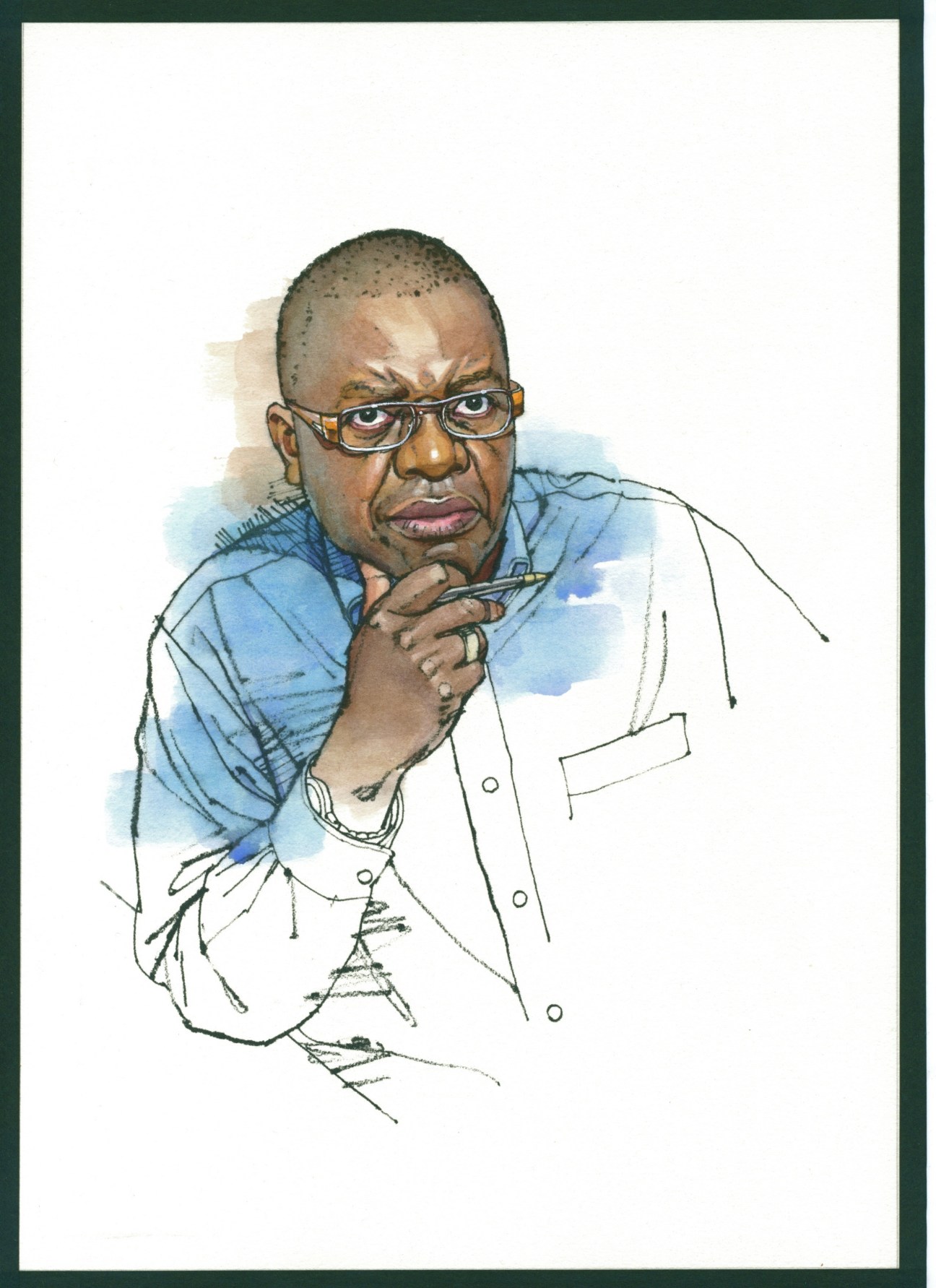 Portrait illustration of Trevor Ncube, a man wearing glasses and a light blue shirt with hand raised to his chin.