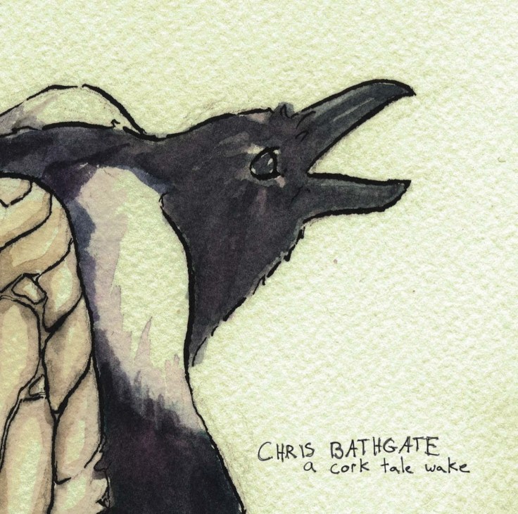 Watercolor illustration of a black dog's head in profile with hand-drawn text reading 'Chris Bathgate a cork tale wake'.