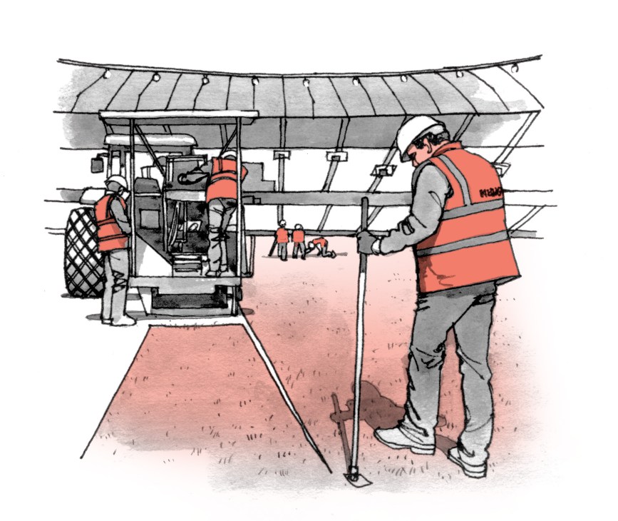 Illustration of workers installing turf rolls at an Olympic stadium construction site.