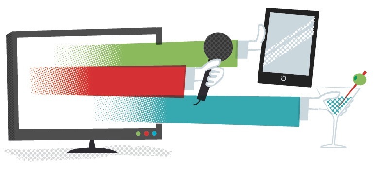 Illustration of a figure managing colored data streams between a desktop computer, mobile device and cocktail glass.