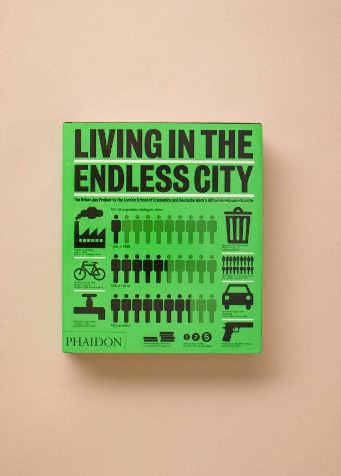 Bright green book cover titled "Living in the Endless City" by the London School of Economics and Deutsche Bank's Alfred Herrhausen Society, published by Phaidon.