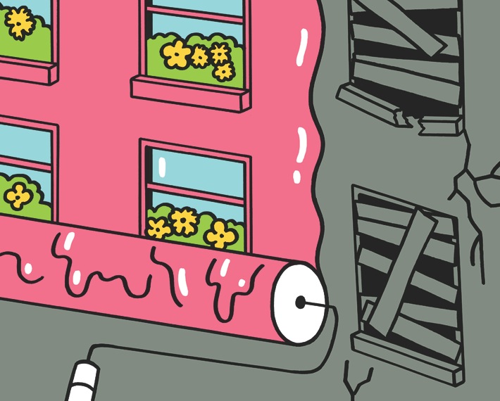 Illustration of a colorful pink building with flowering window boxes next to a gray stone structure.