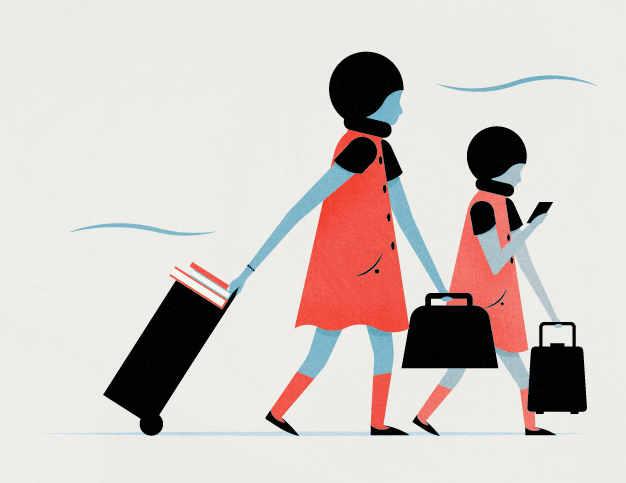 Illustration of two figures in red capes and blue skin carrying luggage, representing education and travel.