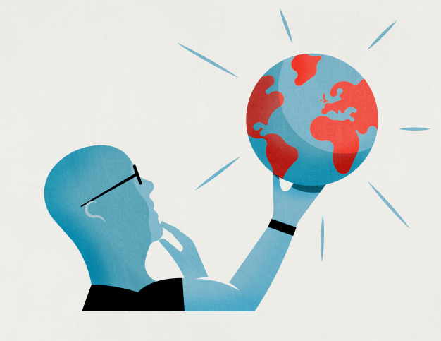 Illustration of a figure holding up a globe with red and blue continents, representing global diplomacy and international relations.