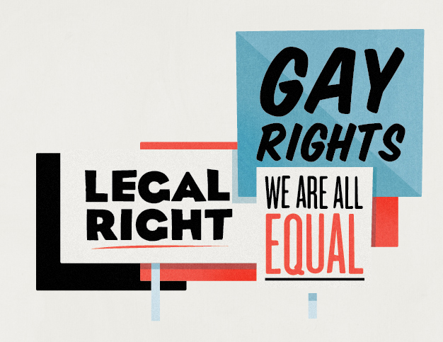 Illustration with text reading 'Legal Right', 'Gay Rights', 'We Are All Equal' in black and red typography on geometric shapes.