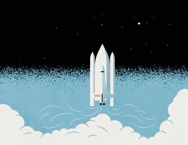 Illustration of a white space shuttle labeled USA launching through clouds into a starry sky.