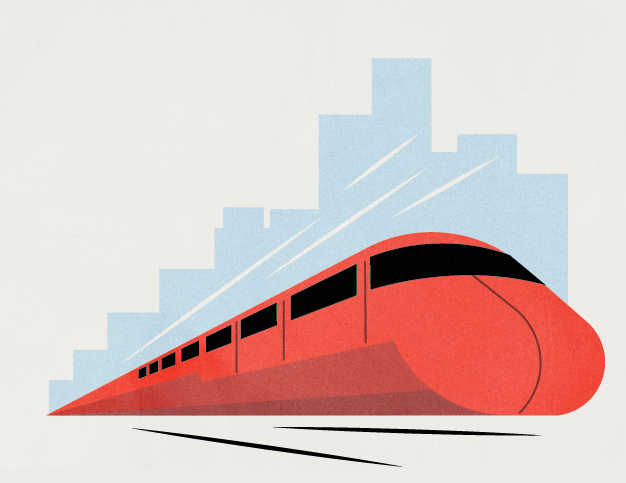 Illustration of a red high-speed train moving past a blue cityscape skyline.