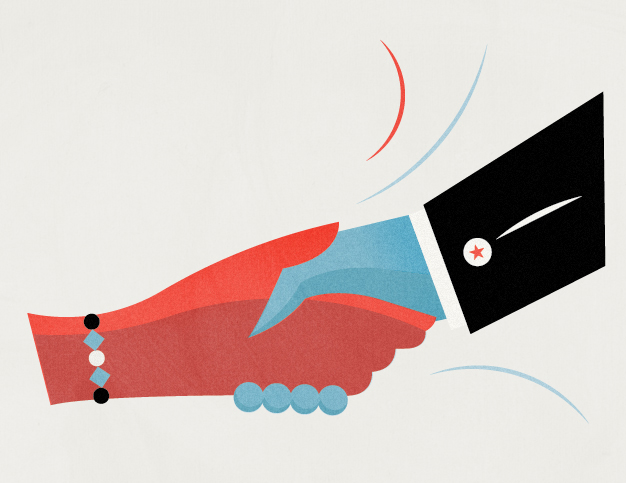 Illustration of a red hand shaking hands with a black hand featuring a red star, symbolizing diplomatic relations.