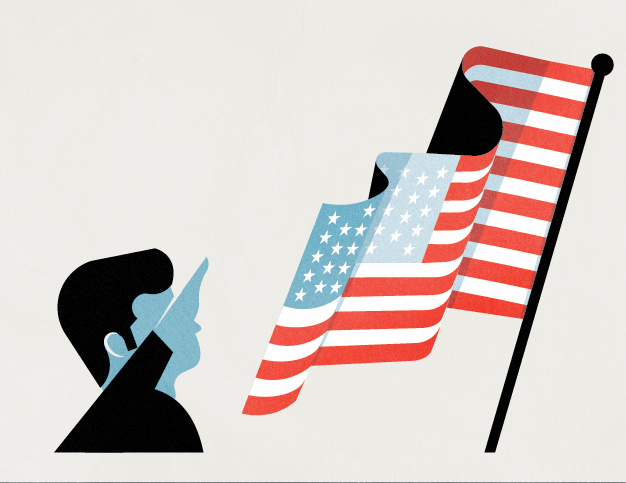 Illustration of a silhouetted figure blowing air toward an American flag on a flagpole.