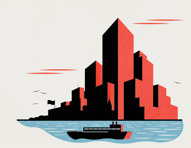 Illustration of a cargo ship in blue water approaching a red and black cityscape skyline.
