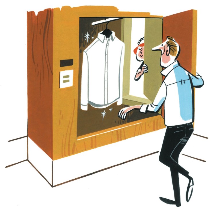 Illustration of a hotel valet cupboard where a guest retrieves freshly pressed laundry.