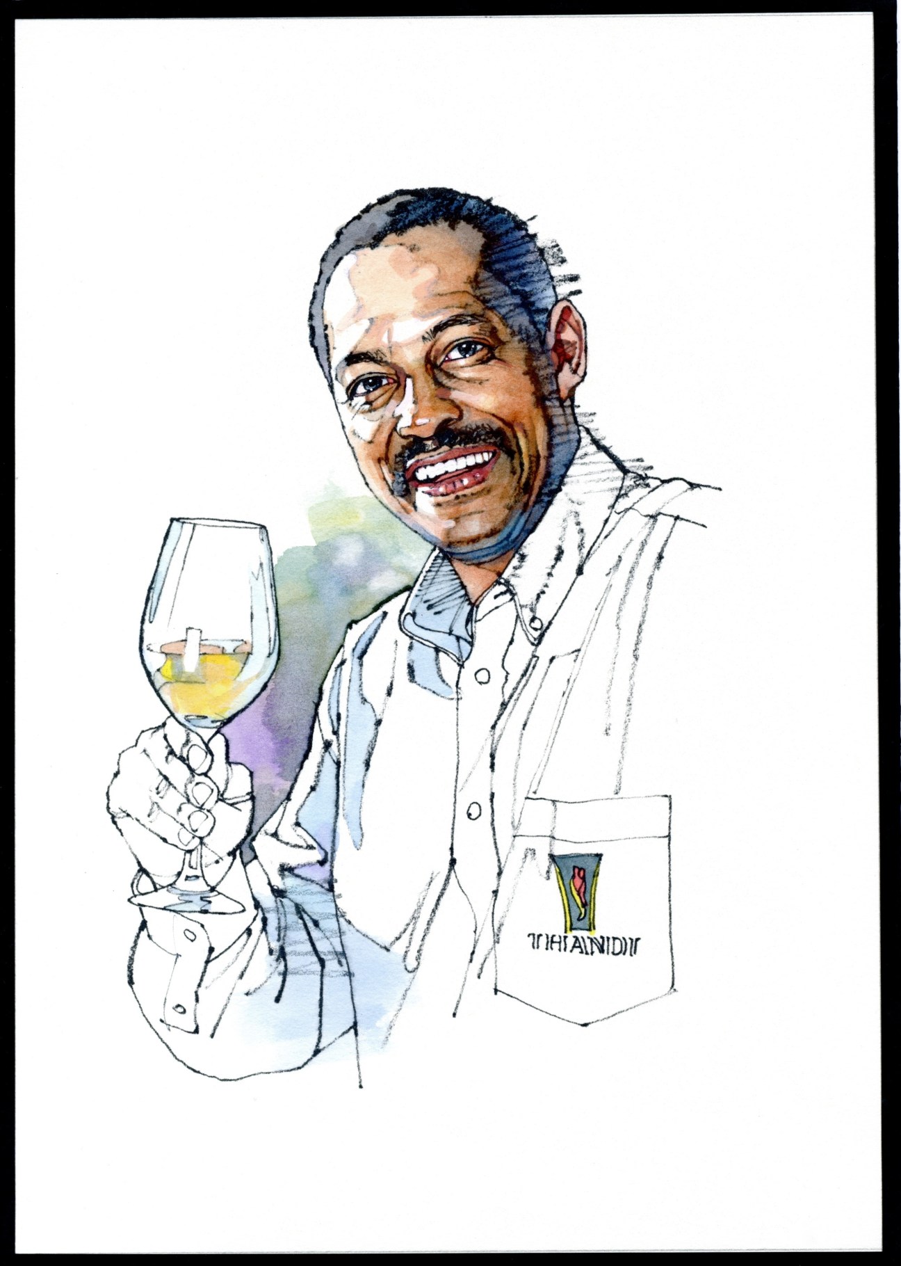 Illustrated portrait of Vernon Henn, a winemaker, holding a glass of white wine and smiling.