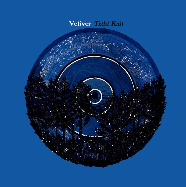 Vetiver's album cover 'Tight Knit' features a spherical design with concentric circles and silhouetted foliage on a blue background.