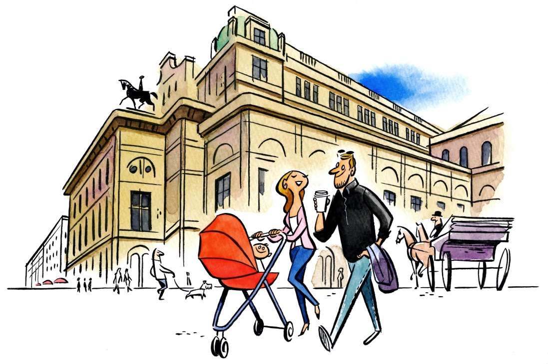 Illustration of people enjoying Vienna's streets and cafes in front of grand imperial architecture.