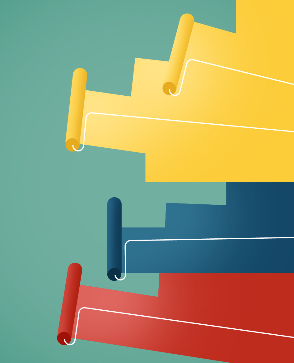 Abstract illustration of colorful paint rollers on teal background.