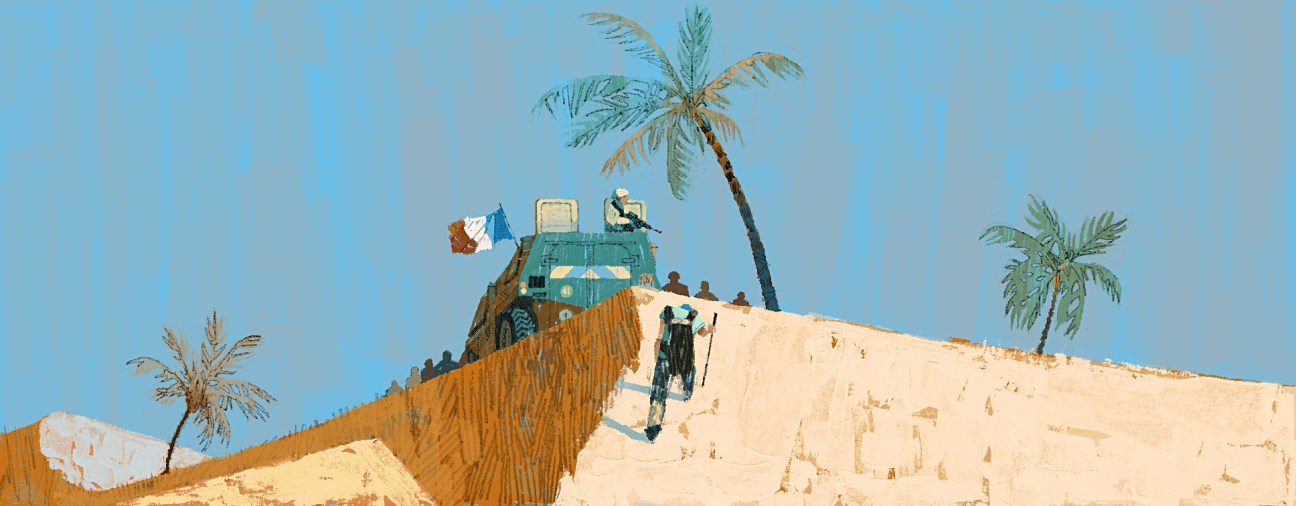 Illustration of a fortified structure on a desert dune with palm trees and a figure climbing toward it under blue sky.