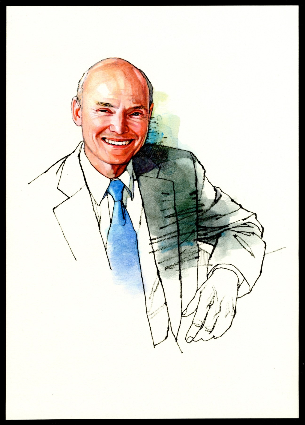 Illustrated portrait of Walter Hussman, a bald man in a business suit and blue tie, smiling.