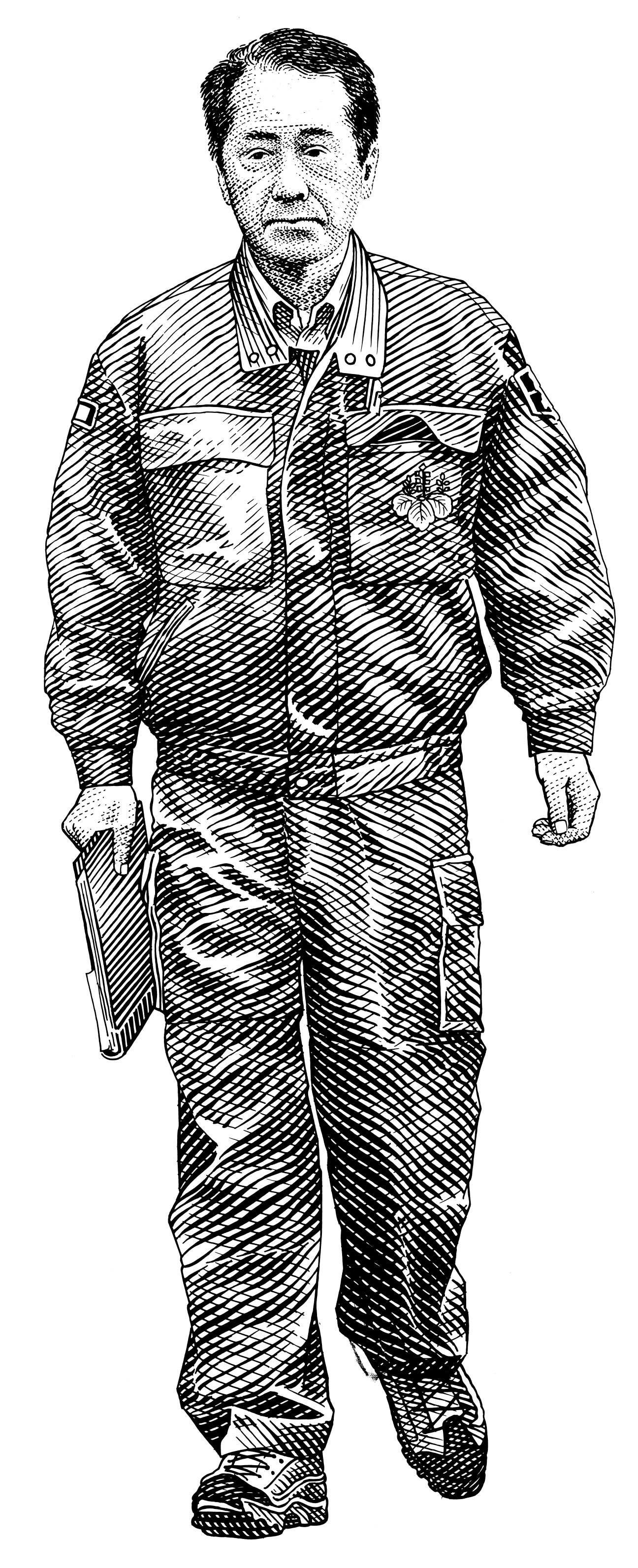 Illustration of Naoto Kan wearing a pale blue utility suit with the prime minister's paulownia flower crest and holding a folder.