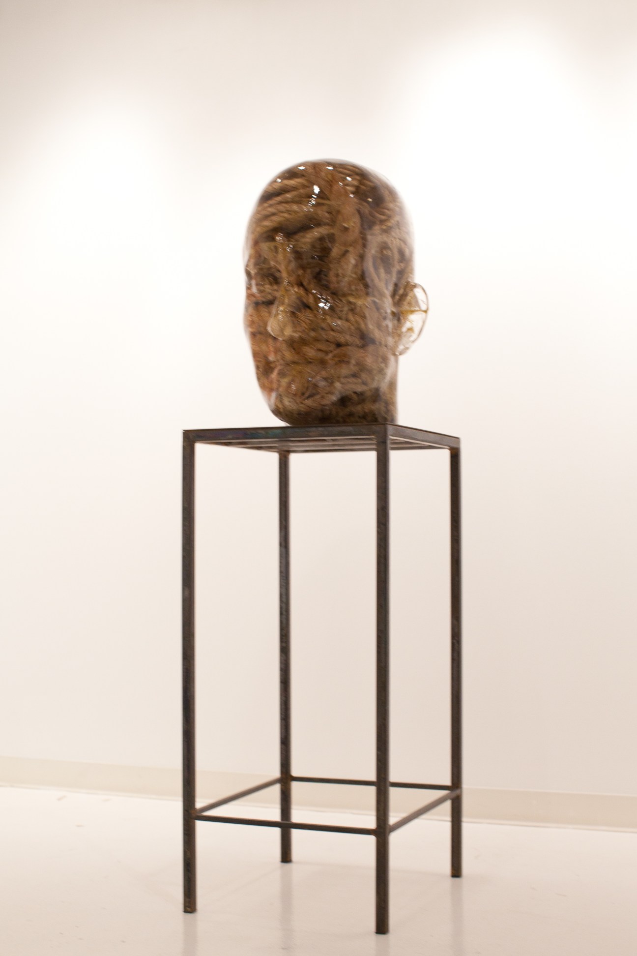 Richard Dupont's 'Hemp Head', a textured brown sculptural head on a dark metal stand.
