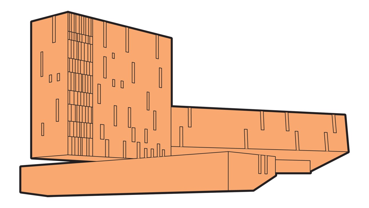 Architectural illustration of a modern winery building with orange-tan exterior walls and vertical window details.