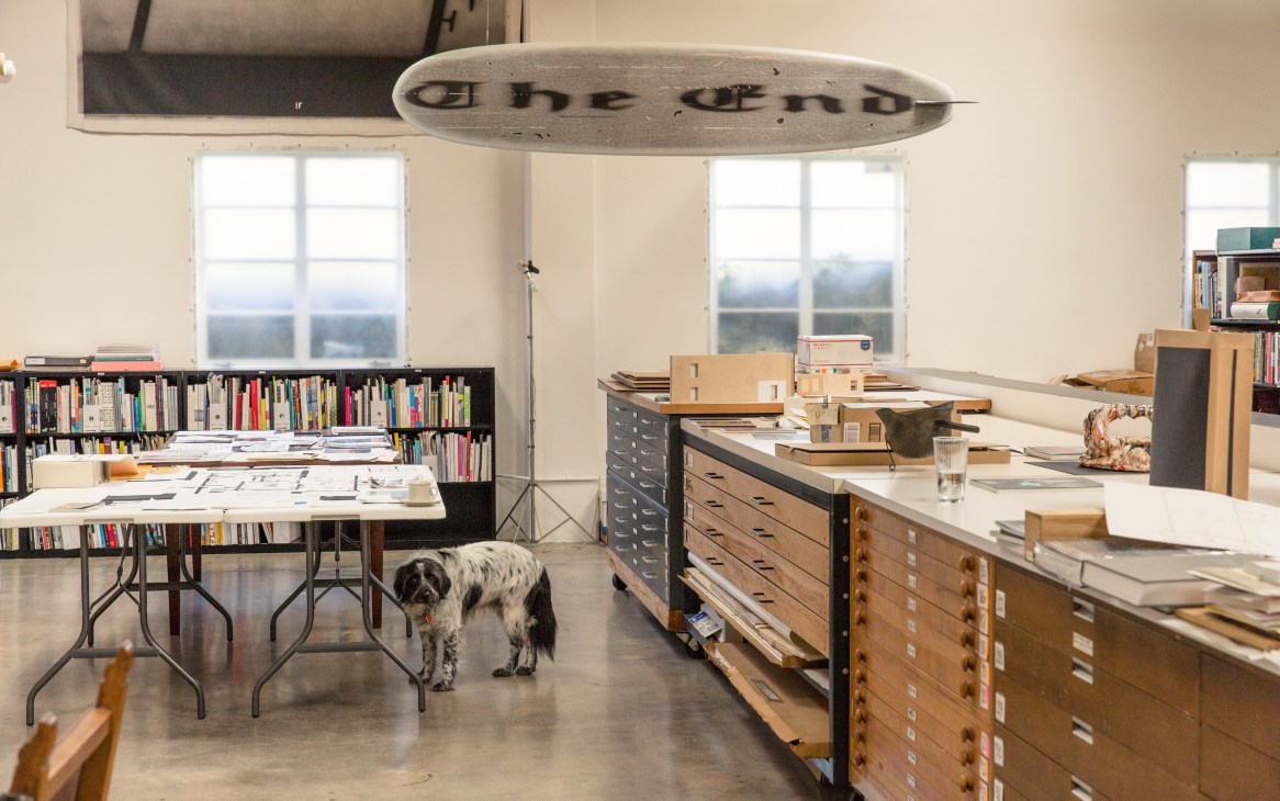 A spotted dog stands on a concrete floor in a bright studio space with bookshelves, work tables, and large windows.