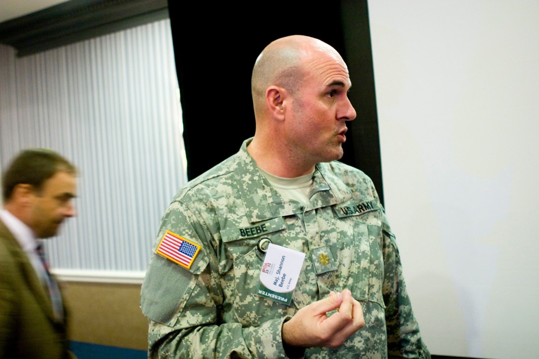 Major Shannon Beebe, a US Army expert on Africa, speaks at a private military contractors conference in Washington.