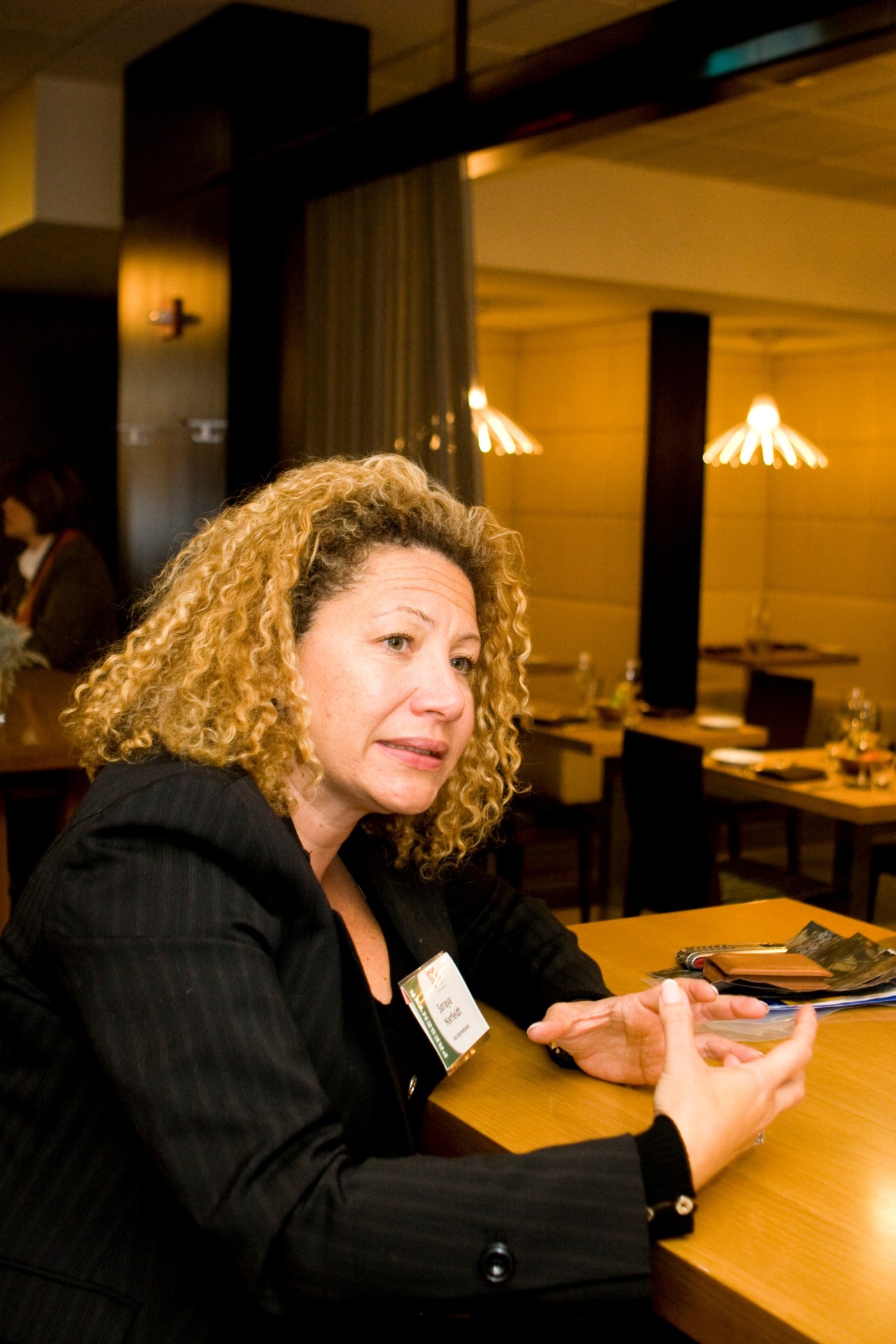 Soraya Narfeldt, chair of RA International, speaks at a conference table wearing a name badge.