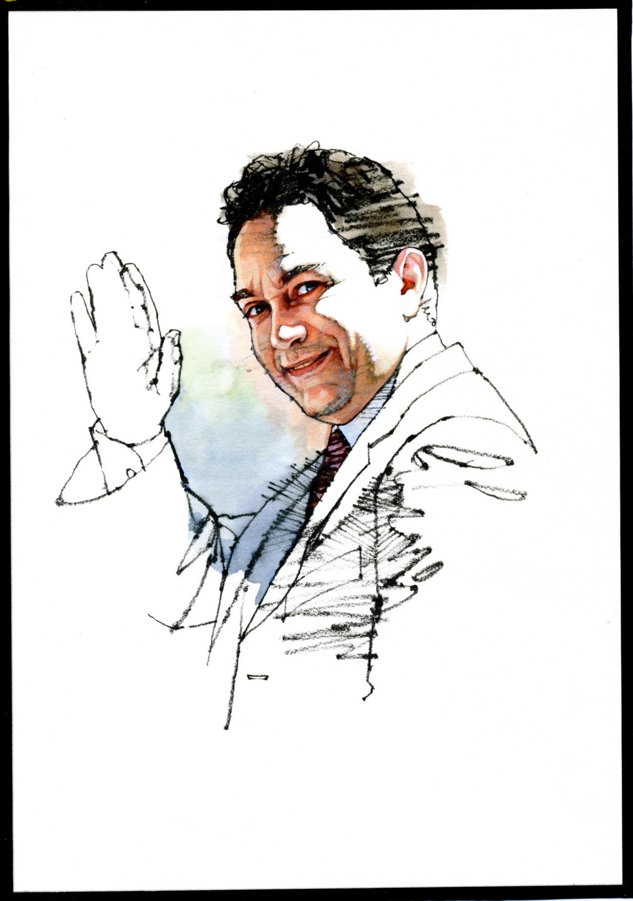 Illustration of Ziad Baroud, Lebanese politician, waving with hand raised wearing business attire.