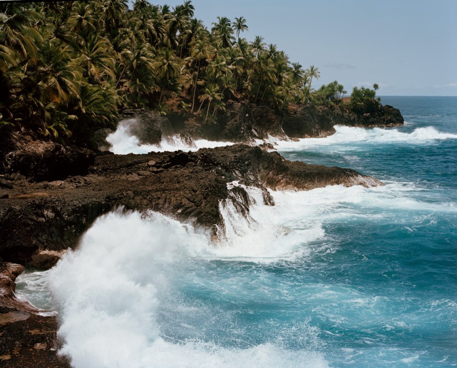 Waves crash against black rocky cliffs lined with palm trees on São Tomé's southern coastline.