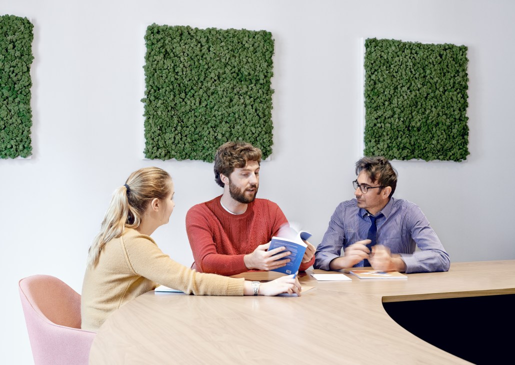 Three Bruegel staff members discuss at a table with moss wall panels behind them.