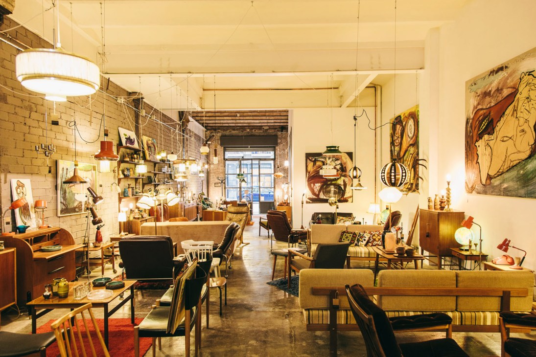 Interior of Noak Room vintage Scandinavian furniture shop displaying mid-century furniture and decor